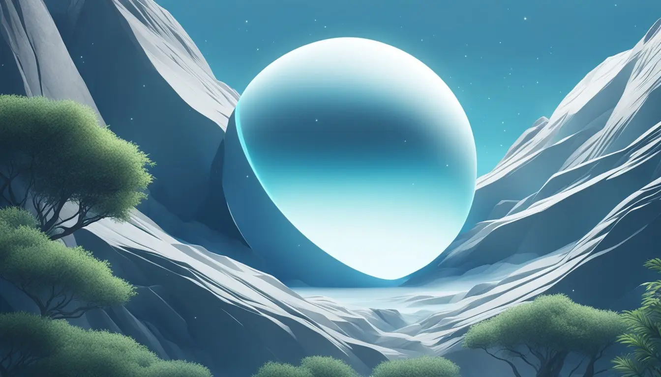 A metallic sphere hovers above a rocky terrain, emitting a soft blue glow. Surrounding flora bends and sways in its presence